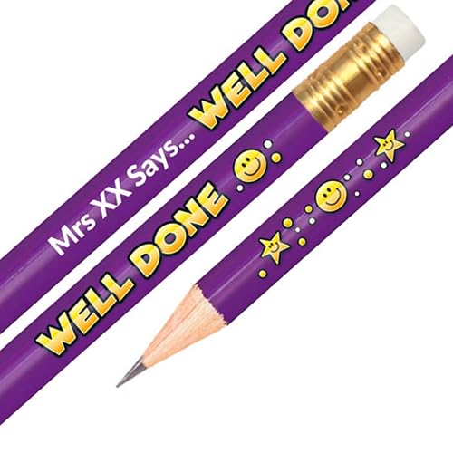1 Well Done Smile Design Pencils Personalised Create Upload Your Own Wording HB Graphite Childrens Pupils School Teachers Gift Pencils Primary Teaching Services (Purple)