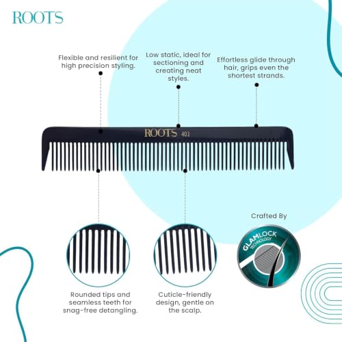 Image of ROOTS - Professional Hair Cutting Comb | Wide Teeth | Salon Grade - For Men & Women | Ideal for Sectioning & Colouring | Rounded Teeth prevent Hair & Scalp Damage | Length - 7.3 Inch | Model No. 403
