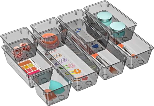 Image of Kienlix Desk Drawer Organizers Trays Set Clear Plastic Storage Bins Bathroom Drawer Tray Dividers Vanity Trays Organizer for Bedroom Dresser Makeup Kitchen Utensil Office (9pc Set (Black-2))