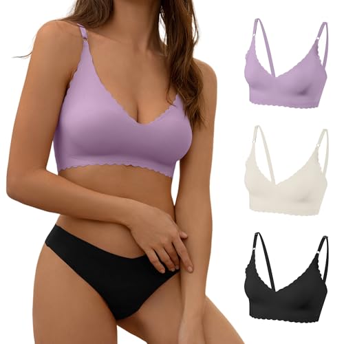 DEANGELMON Seamless Bralettes for Women V Neck Padded Bras Adjustable Straps Everyday Comfortable Sleeping Bras(3P1,M)