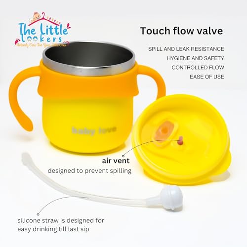 Image of THE LITTLE LOOKERS Stainless Steel Sipper Bottle 260ml | 316 Grade SS | BPA Free | Suitable for Hot & Cold |Travelling Bottle for Kids & Toddler|Training Sippy Cup with Straw /Spout (Yellow)