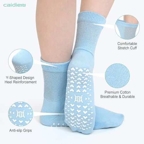 Image of CaiDieNu Non Slip Socks for Women: Non Skid Grip Socks for Elderly Hospital | Non Binding Grippy Crew Slipper Socks for Pregnant & Daily Wear, Wide Grippers Prevent Falls, Great Gifts for Seniors 5 Pairs