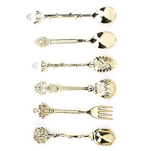 6Pcs/Set Vintage Carved Coffee Spoon Teaspoon Retro Zinc Alloy Dessert Coffee Tableware Spoons Cutlery Kitchen(Gold) #TOP7