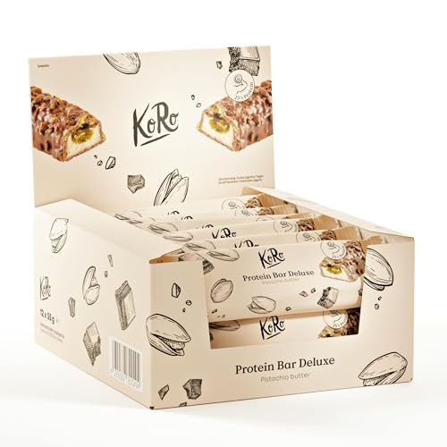 KoRo - Grand Deluxe Protein Bar Pistazie 12x55 g - Mit nussiger Füllung aus Pistazienmus - Proteinreicher Snack: 14 g Eiweiß/Riegel - Passt in jede Tasche - Ohne Zuckerzusatz*