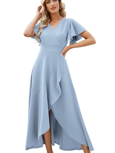 Long Black Formal Dresses for Women Gowns Evening Party Cocktail Dress,Split Elegant V Neck Wrap Ruffle Wedding Guest Dresses