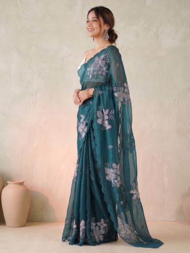 Image of AKHILAM Women's Shimmer Pure Georgette Embroidered Ready To Wear one Minute Saree With Unstitched Blouse Piece