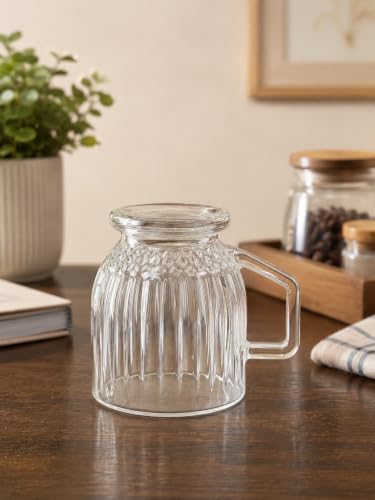 Image of IndusBay Fluted Glass Tea Cups with Handle [Pack of 6] (160ml) - Premium Crystal Clear Coffee Mugs, Vintage Ribbed Chai Glasses |Lead-Free & BPA-Free