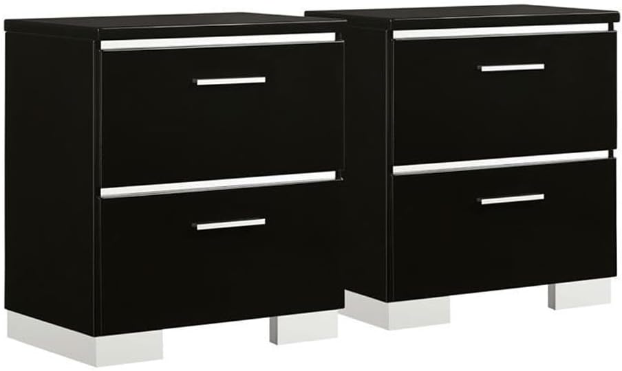 BOWERY HILL Contemporary Wood Nightstands, Set of 2, Black and Chrome Finish, 2-Drawer Bedroom Storage, 23.25" W x 15.38" D x 26.38" H, Glam Design with Bold Bracket Legs
