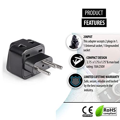 Image of OREI India to Switzerland, Rwanda, Liechtenstein (Type J) Travel Adapter Plug - 2 in 1 - CE Certified - RoHS Compliant - 2 Pack - Black Color (P21-11A-2PK)
