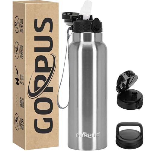 GOPPUS 750ml/26oz Stainless Water Bottle with Straw Double Wall Insulated Bottles with Strap Reusable Vacuum Thermal Flask Leakproof Keep Cold Drinks Bottles with Flip Top Lid for Men Women BPA Free