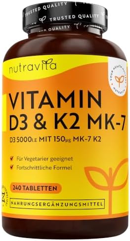 Nutravita Vitamin D3 K2 Tabletten - 240 vegetarische Tabletten | Vitamin D 5000 IE + K2 MK7 150μg - D3 K2 Kapseln hochdosiert - Sonnenvitamine für Gesunde Knochen, Muskeln & Immuns