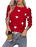 Allifewithu Women's Long Sleeve Crew Neck Pullover Sweaters Lightweight Soft Knit Heart Sweater (Bright Red,Small)