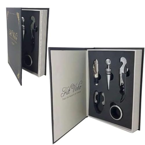 Kit Vinho Premium, 5 Peças, Conjunto com Saca-Rolhas, Anel Salva-Gotas, Bico Dosador, Tampa de Vinho, Corta Lacre, em Estojo Elegante 21x16,3x3,7cm