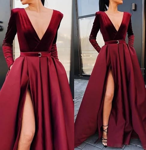 Yuxin Women's V-Neck Velvet Satin Prom Evening Dresses Slit Long Sleeve Formal Gowns with Pockets3