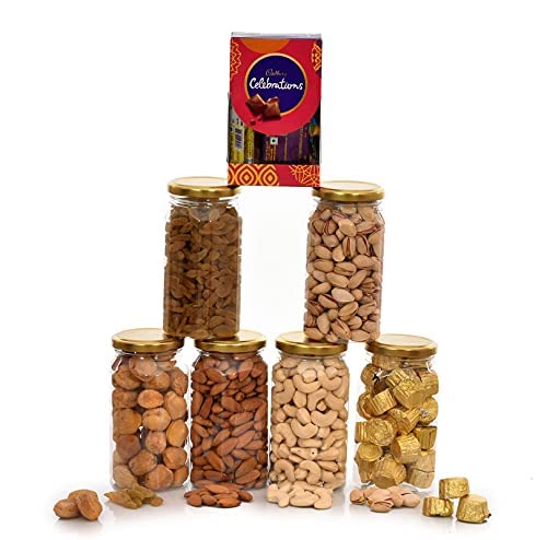 Image of NUTRI MIRACLE Rakhi Dry Fruit & Nut Gifts Box /Hamper For Brother /Bhai With Floral Couple Pair N Chocolates, 650gm