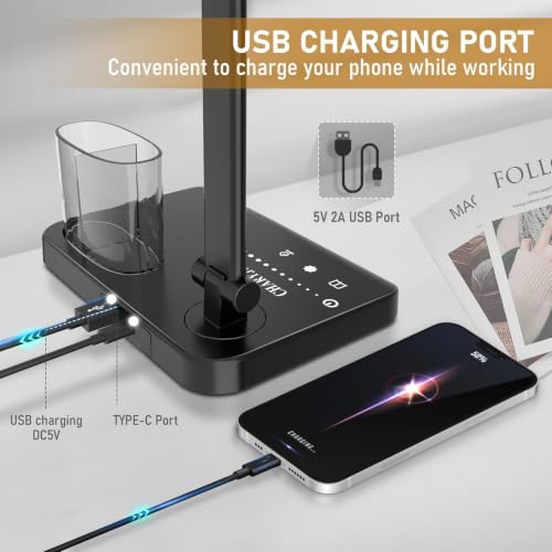 Image of Dimmable LED Desk Lamp with USB Charging Port, 50 Lighting Modes Dual Swing Arm Architect Table Lamp Light Desk Lamp for Home Office Dorm Piano Nail