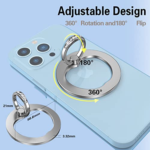 Aurox Magnetic Phone Ring Holder For Iphone 14 13 12 Magnetic Phone Grip For Magsafe Accessories 360° Rotation Adjustable Phone Finger Ring Grip Stand【Removable For Wireless Charging】(Silver) #TOP2