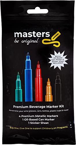 Masters Markers Washable Beverage Markers Set | Non-Toxic, Erasable Ink Writing on Cold Drinks, Bottles, Plastic Cups, Mirrors | 4 Assorted Metallics, 1 Black Oil-Based Pen, Sticker Labels, Metallic
