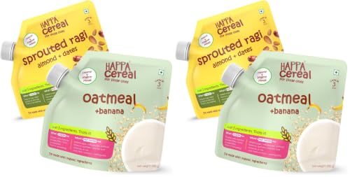 Image of Happa Organic Food Oatmeal Porridge Mix Cereal 200 gm (Pack of 4, Ragi + Almonds + Dates & Oatmeal + Banana)