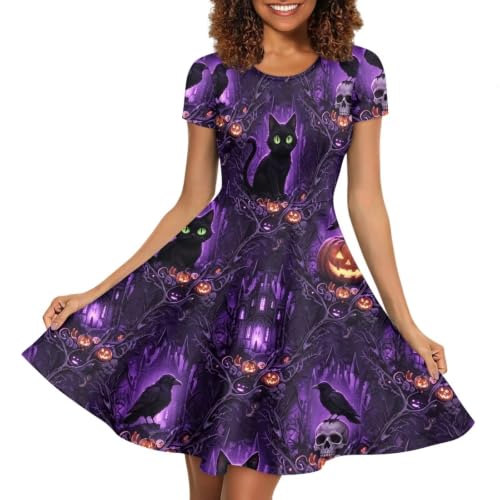 Image of POLERO Women Puffy Swing Elegant Party Midi Dresses Short Sleeve Round Neck A-Line Dress