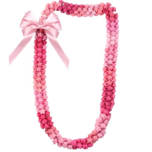 VioraWhite Graduation Origami Star Lei 47'' Lucky Wish Paper Star Lei for Class of 2026 Graduation Party Decor Rainbow Hawaiian Necklace with Bow for Man Woman Grad Party Gift(Pink)