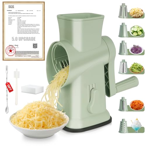 6-In-1 Rotary Cheese Grater-【SUS 304 Blades, 2X Sharp & 3S Fast Cut】【SGS German Nano Strong Suction Base】with 6 Detachable Stainless Steel Blades, Cleaning Brush,Stirring Spoon Graters for Kitchen Use