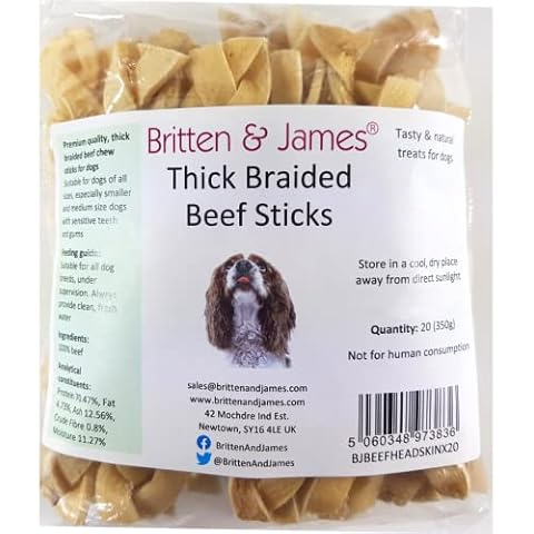 Britten and James 20 Thick Braided Beef Skin Sticks for Dogs (350g). Natural Long-Lasting Dog Chew Treats - Hypoallergenic, Gluten and Grain Free Cover