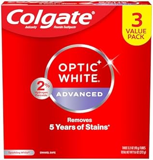 Colgate Optic White Advanced Hydrogen Peroxide Toothpaste, Teeth Whitening Toothpaste Pack, Enamel-Safe Formula, Helps Remove Tea, Coffee, and Wine Stains, Sparkling White, 3 Pack, 3.2 oz