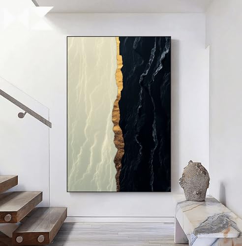 Tableau à l'huile sur toile noir, blanc et or TONGYINLI effet marbre 60x90cm