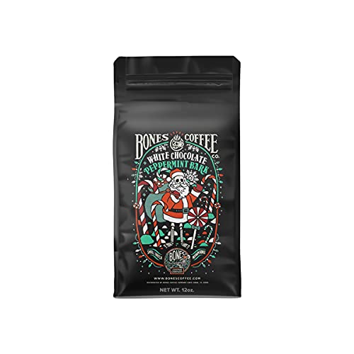 Bones Coffee Company Flavored Coffee White Chocolate Peppermint Bark | 12 oz Coffee Bag Flavored Ground Coffee & Whole Bean Coffee Beverages (Whole Bean)