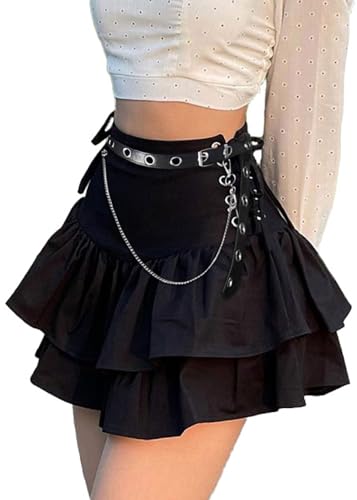 Gothic Street Sexy Bandage Rüschen Stufenrock Frauen Hohe Taille Solide Criss Cross Tie Up A-Linie Minirock Faltenröcke, 2-schwarz, S