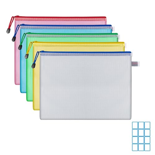 ジッパー式ファイル袋 A5 10個入り クリアファイル5色 メッシュファイルバッグ ラベルシール付き 大容量 半透明 ドキュメントファイル ファスナーポーチ 撥水 網目 ファイルケース 連絡袋 領収書ファイル 書類整理 オフィス 学校 学生 旅行用 (5色