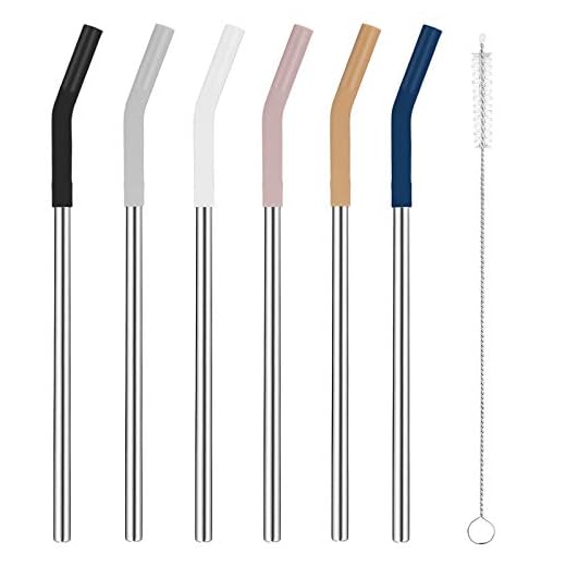 Tronco Set of 6 Stainless Steel Reusable Metal Straws with Silicone Flex Tips Elbows Cover, Metal Drinking Straws for Tronco Tumbler, 6 Steel Straws,6 Silicone Tips,1 Straw Cleaning Brush