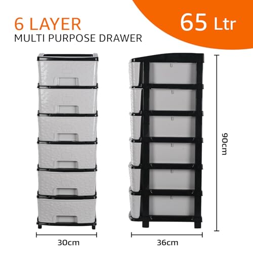 Image of Amazon Basics Plastic 6 Tier Multipurpose Modular Drawer Storage Rack | Kitchen & Home Essentials Organizer Storage Box Cabinet | Almira Set for Stationary, Kitchen, Cosmetic | Black & Grey