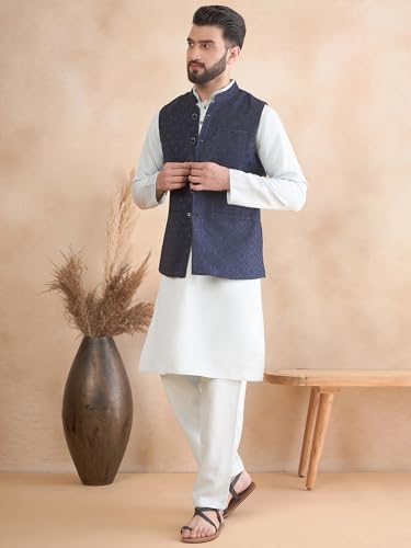 Image of Amazon Brand - Tavasya Mens Woven Design Mandarin Collar Nehru Jackets | Sleeveless Jacket | Ethnic Wear