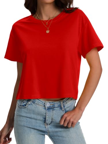 Image of SMENG Women's Crop Tops Cotton Loose Fit Tshirt Basic Short Sleeve Shirt
