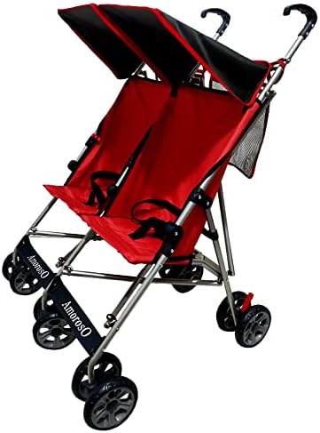 AmorosO Twin Lightweight Umbrella Stroller - Easy to Clean Stroller - Baby Stroller with Four Wheels - Travel-Ready Stroller - with Extra Storage - Sunlight and Light Rain Protection Red/Black