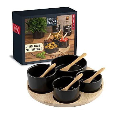 Moritz & Moritz 9-tlg. Servierschalen Set Schwarz inkl. Bambuslöffel - Keramik Schalen Set als Tapas Schalen, Dip Schälchen, Snackschale und Dessertschalen Cover