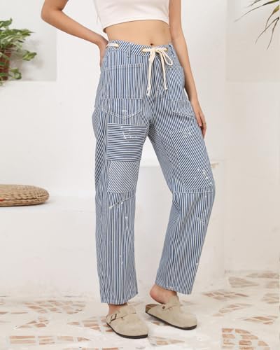 Kedera Barrel Jeans for Women Patchwork Striped Low-Slung Loose Wide Leg Cargo Baggy Pants Y2k Vintage Barrel Jeans Denim Pants Blue - Thumbnail 3