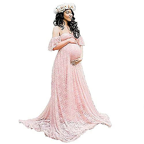 RICWINANN-Womens-Off-Shoulder-Ruffle-Sleeve-Lace-Maternity-Gown-Maxi-Photography-Dress-Peach-Pink-Medium