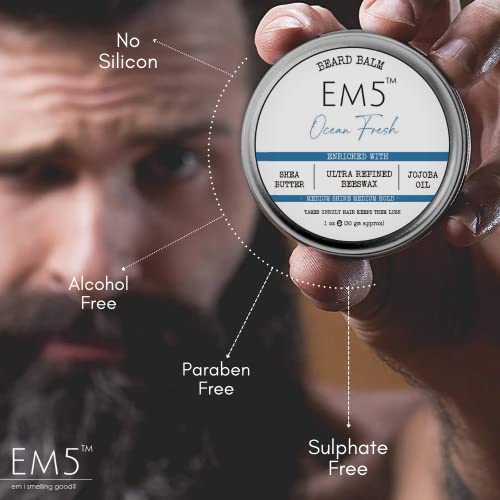 Image of Em5 All Hair Type Ocean Fresh Organic Beard Balm | Shape Style And Tame | Medium Hold And Shine | Long Lasting Fragrance | Mustache And Beard Wax | Gift For Him /Men - 30 Gram