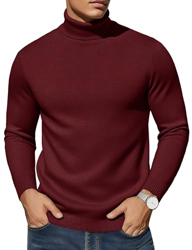 EKLENTSON Men's Sweater Turtle Neck Lightweight Knitted Jumper Ribbed Thermal Top Pullover Long Sleeve Winter Wine Red S