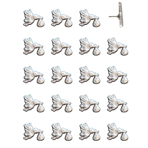 Image of Stork Carrying Baby Map Pins - Silver Stork Pins for Cork Boards, Maps, or Lapel Use - Designed in USA - Set of 20