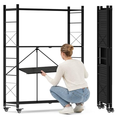 Image of DEANIC 4 Tier Foldable Storage Shelves with Wheels, Large Capacity Shelving Unit, Freestanding Metal Wire Shelf Rack, No Assembly Organizer Rack for Garage Kitchen, Basement, Pantry (1, Black-Plus)