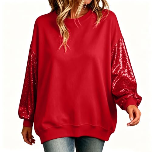 Sequin Tops Women Oversized Patchwork Sleeve Sparkly Sweatshirts Red S - image 6