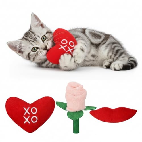 Jenaai 3 Pcs Valentine's Day Cat Toys Valentines Indoor Heart Rose Lips Shaped Cat Toys Plush Interactive Teething Chew Toy for Valentines Pet Gifts Cats Lovers Presents Kitty Toy