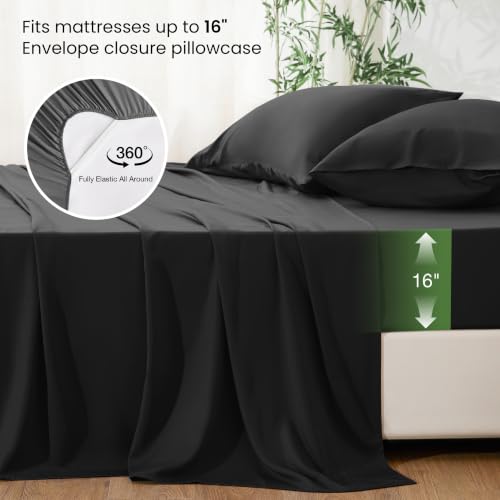 Image of Love's cabin 4 Piece Full Size Sheet Set, 100% Rayon Derived from Bamboo, Cooling & Breathable, Soft Silky Deep Pocket up to 16 inch, Hotel Luxury Bedding for Hot Sleepers, Black