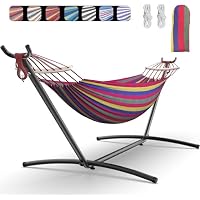 EveryFun Portable Double Hammock with Heavy-Duty Steel Stand (600 lb Weight Capacity,Wide Red)