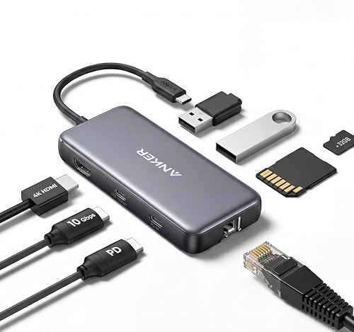 Anker Hub USB-C 555 (8 em 1), com Entrega de Energia de 100W, Porta HDMI 4K 60Hz, Portas de Dados USB-C e 2 USB-A de 10Gbps, Ethernet, Leitor de Cartão microSD/SD, para MacBook Pro,Dell XPS e mais
