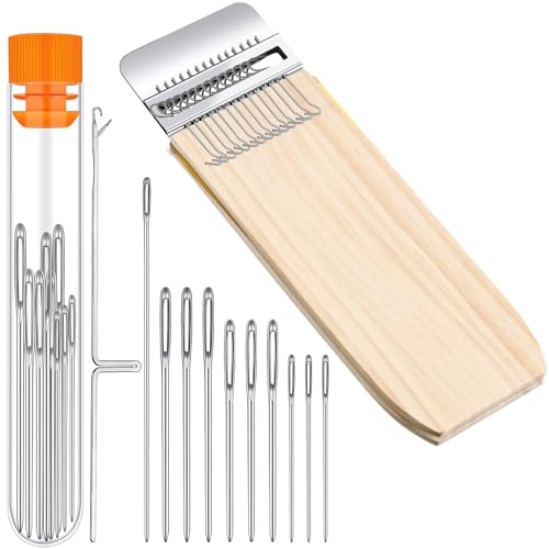 Luinabio Darning Small Loom Speedweve Style Machine Wood Knitting Looms Type Weave Tool 14 Hooks and 9 Yarn Knitting Needles Hand DIY Craft Weaving Repair Tool for Jeans(Rectangle Classic Color)
